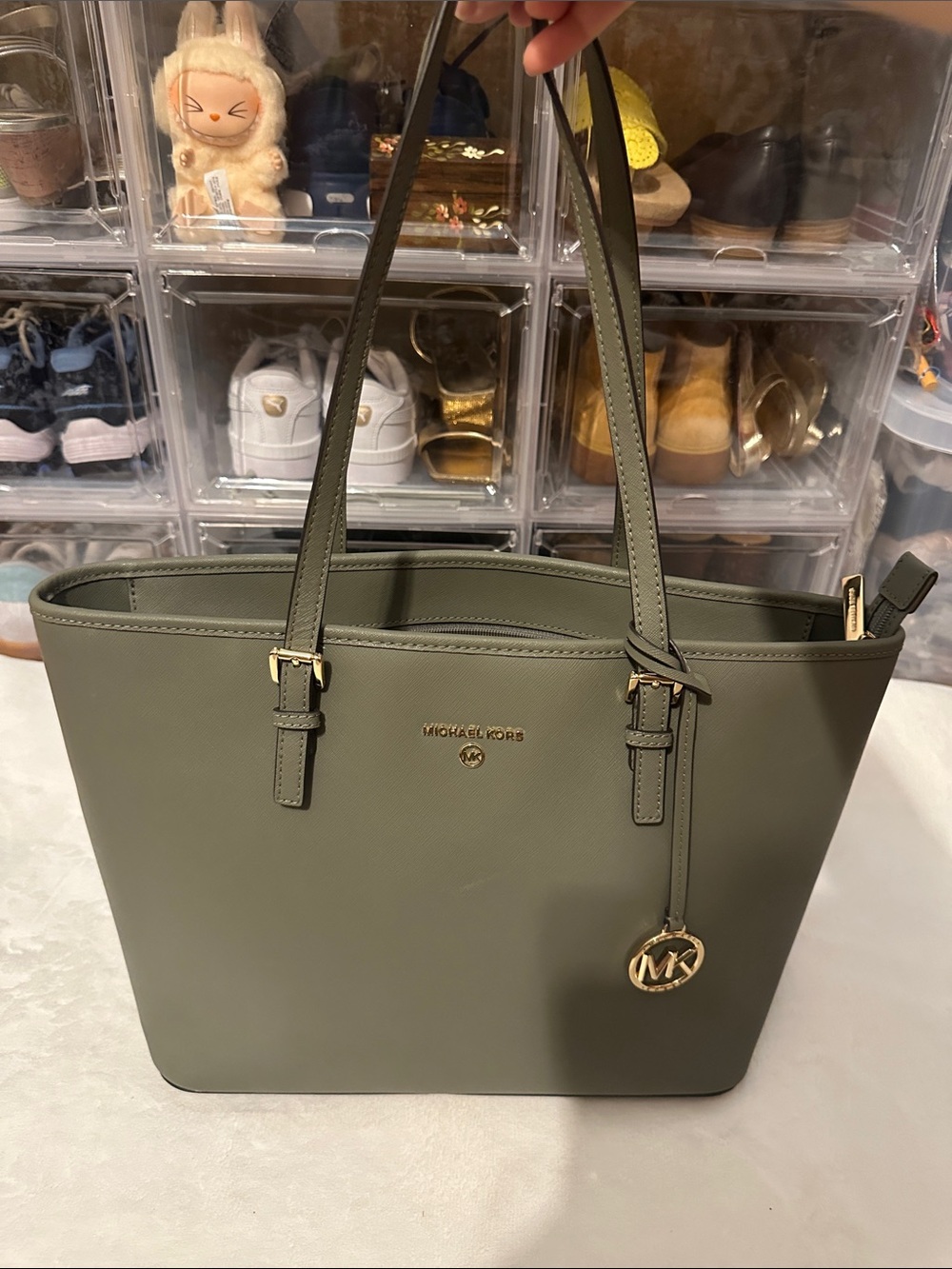 Michael Kors Olive Saffiano Leather Tote with Gold Accents - Picture 14 of 16